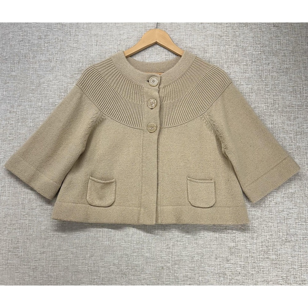 Apostrophe Cardigan Sweater Womens XL Beige Round Neck 3/4 Sleeve Knit Pockets